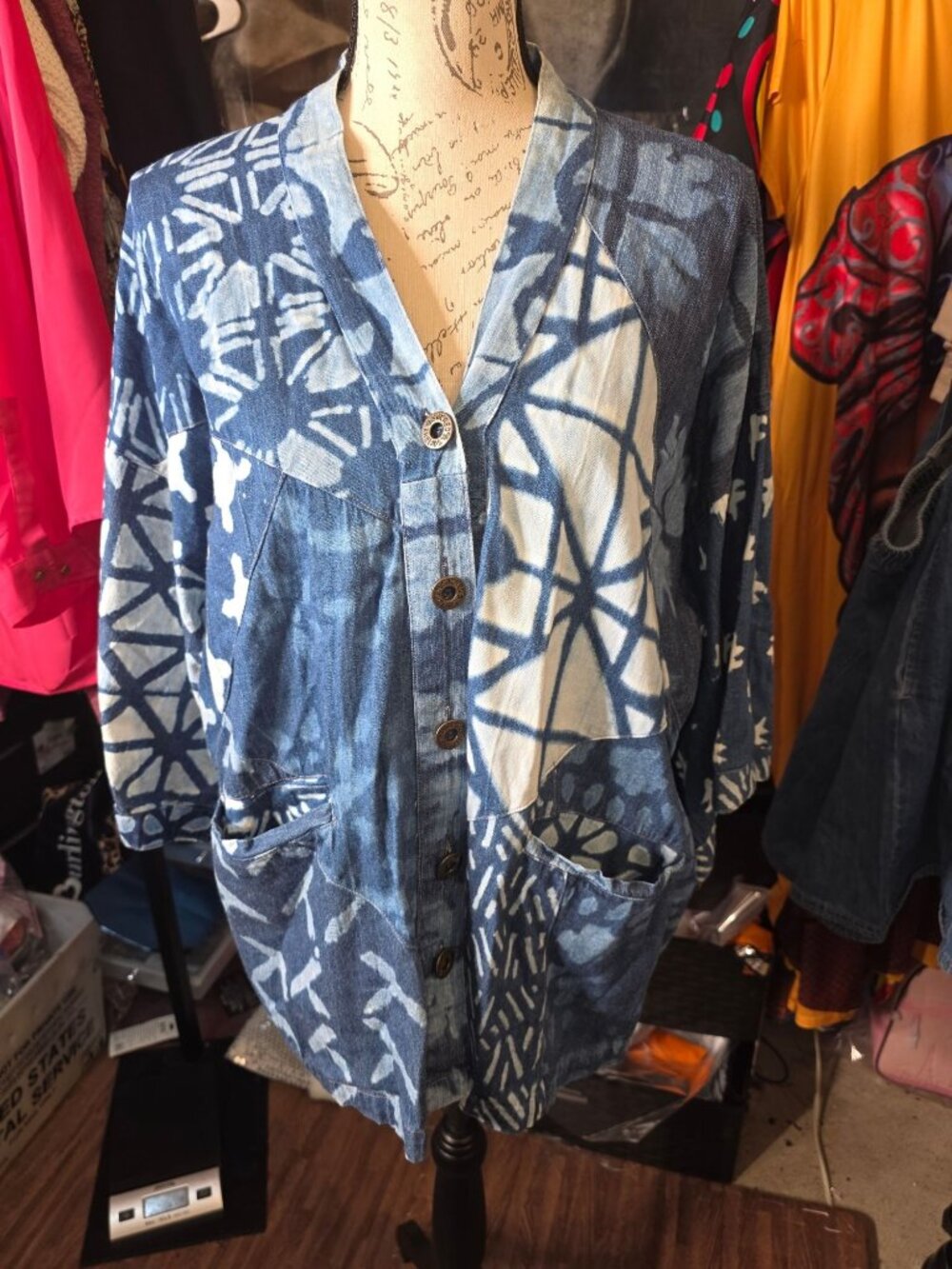 Sacred Threads Blue White Patchwork Jacket With Pockets 100% Cotton Womens Size